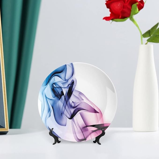 Ceramic Plates, Abstract Decor Decorative Ceramic Plates, Colorful Smoke Dynamic Flow Swirl Contemporary, 8 Inch, for Dining, Parties, Wedding, Fuchsia Blue