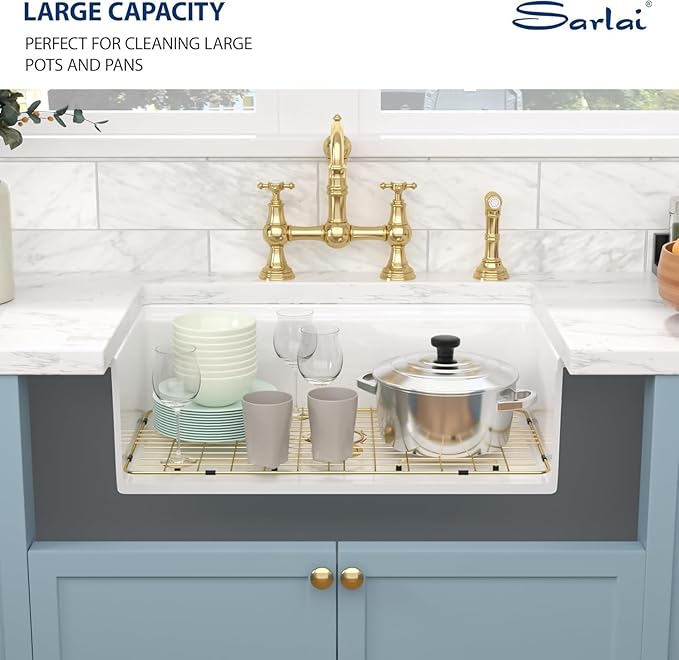 Sarlai 33 Inch White Undermount Sink Workstation - 33 x 19 Inch White Kitchen Sink Drop In Single Bowl Ledge Workstaion Topmount Sinks Fireclay Ceramic Sinks Basin With Gold Accessories