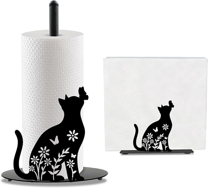 Cat Paper Towel Holder, Black Cat Countertop Kitchen Decor Indoor with Round Base, Cats Lover Gifts, Iron Kitty Napkin Holder Stand Accessories for Bathroom Kitchen Dining, 2 PCS
