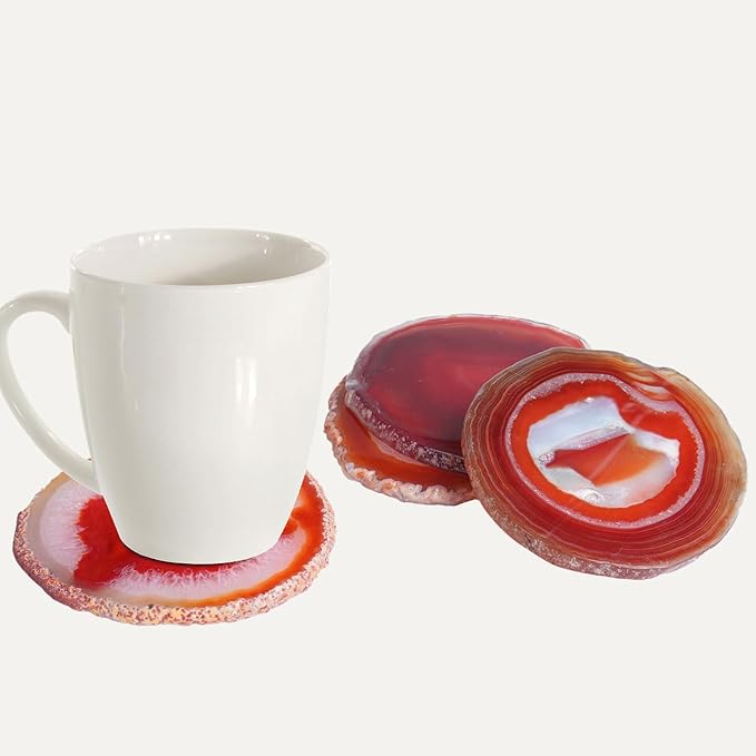 Natural Agate Coasters Set of 4 - Dyed Red Irregular Circle Stone Drink Coasters with Rubber Red 4-5" Unique Home Decor