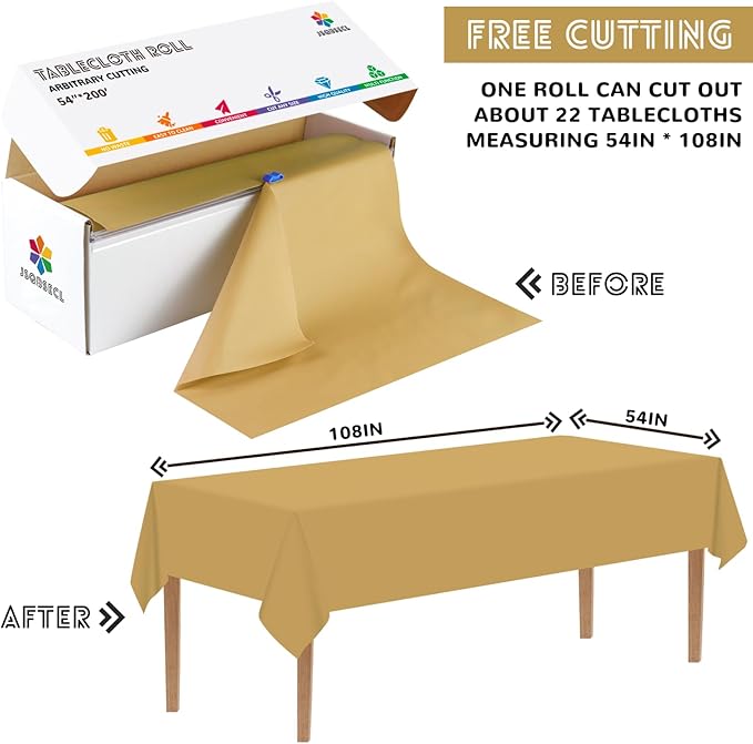 54 Inch X 200 Feet Plastic Table Cover Roll with Convenient Slide Cutter, Disposable Plastic Table Cloth Roll with Cut-to-Size Design for Weddings, Banquets, Parties (Gold)