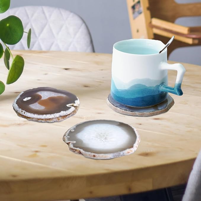 Natural Agate Slices Bulk Crystal Geode Coasters Set of 4 - Unique 4-5 Inch Cute Stone Drink Coasters with Rubber Bumpers - Natural Slices Geode for Home Decor, Coffee Table, Bar Accessories