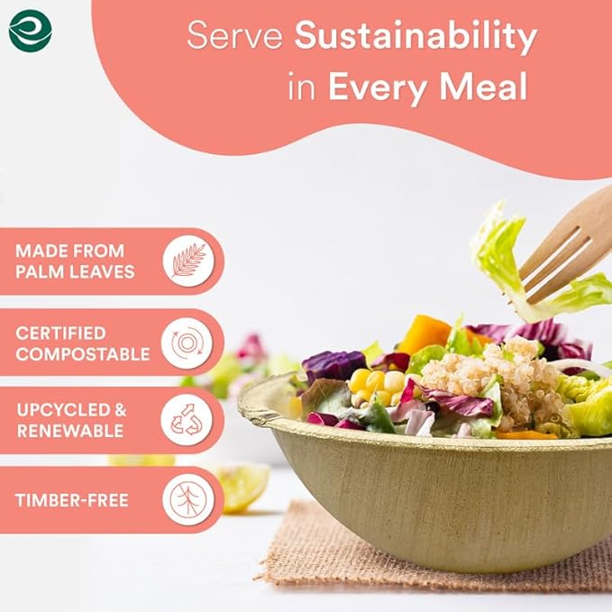 ECO SOUL 100% Compostable, Biodegradable, Disposable Palm Leaf Bowls,| pack of 100, Large 6 inch (16 Oz) | Round| Like Bamboo Bowls, Eco-friendly | Sturdy, Microwave & Oven Safe