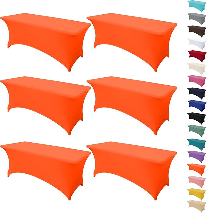 6Pack 8FT Table Cloth for Rectangular Fitted Events Stretch Orange Table Covers Washable Spandex Tablecloth Protector for Party, Wedding, Cocktail, Banquet, Festival