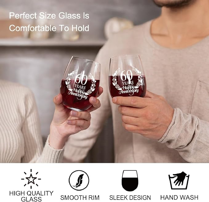Perfectinsoy 60 Years Happy Anniversary Wine Glass Set of 2, 60th Anniversary - Image 5