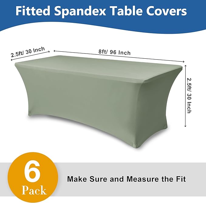 Spandex Table Cloths for 8 Foot Rectangle Tables-6 Pack Fitted Stretch Sage Table Covers-Elastic Folding Tablecloths for Party, Vendor Booth Display, Banquet Buffet Event, Craft Trade Show