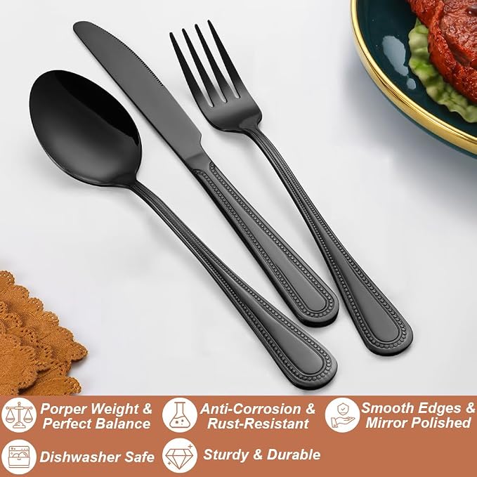 40 Pcs Black Silverware Set for 8, Food Grade Stainless Steel Flatware Set - Image 3
