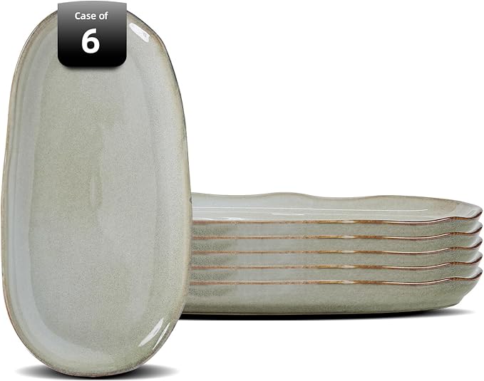 Organic Shape Highland Ceramic Serving Tray, 6pcs 11.625 * 5.125inch Handmade Reactive Glaze ceramic Tray with Wavy Edge, for Kitchen, Microwave & Dishwasher Safe, Scratch Resistant-grey