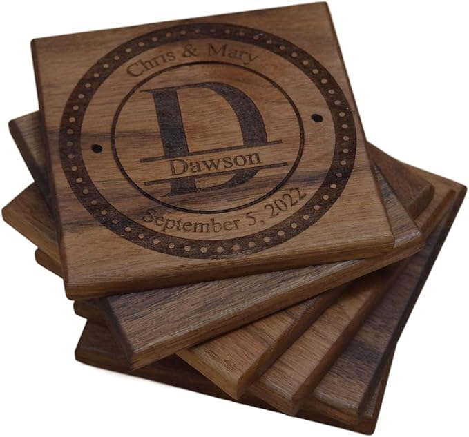 Personalized Wooden Coasters with Monogram, Wedding Date Engraved, Family Name- Choice of Wood (Split Letter Monogram)