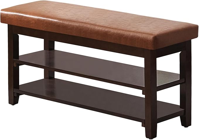 40" Shoe Bench with Leather Cushion, 2-Tier Shoe Rack Entryway Bench, Wood Bench for Front Door Entrance, Mudroom, Hallway, Wooden Shoe Shelves, Shoe Organizer, Shoe Storage, Light Brown