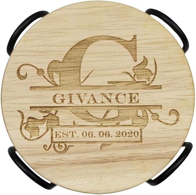 Personalized Wooden Coasters, Custom Engraved Monogram Coasters - Great Gifts (XL, Set of 4)