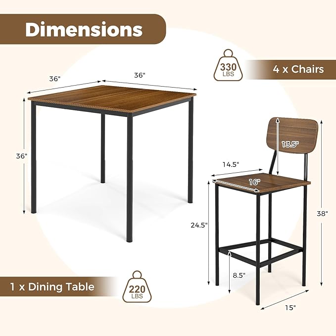COSTWAY Dining Table Set for 4, 5-Piece Square Kitchen Nook Dinette Set with 4 Bar Stools with Footrest, Backrest, Space-Saving Design, Industrial Kitchen Table and Chairs for Apartment, Brown