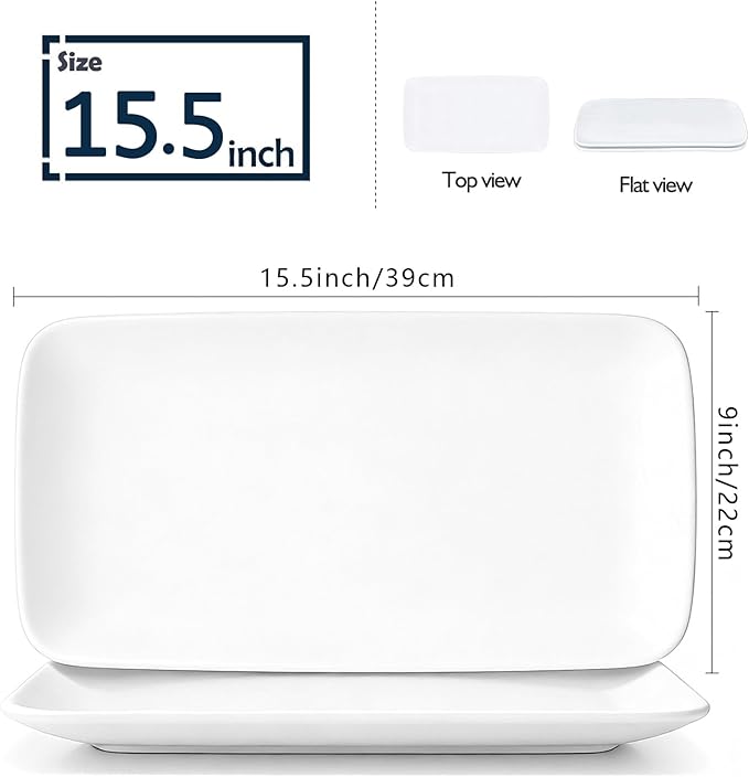 White Serving Platters Set of 2, 15.5 Inch Large Rectangular Serving Platters, Ceramic Serving Plates, Porcelain Platter for Food, Appetizer, Sushi, Steak