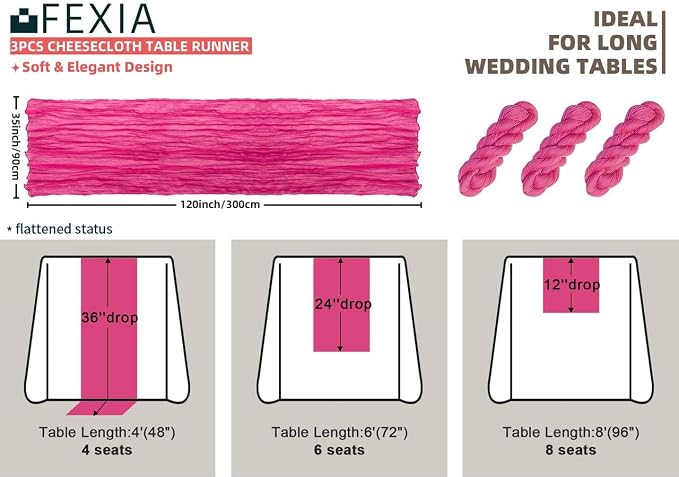 3Pcs Hot Pink Cheesecloth Table Runner Wedding Baby Shower Home Decor | 35x120 - Image 3