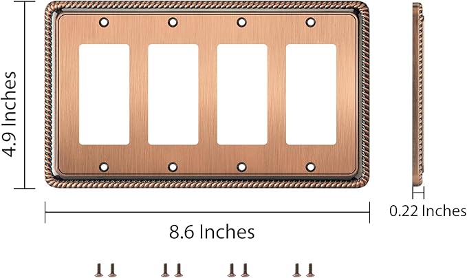 Henne Bery Rope Edge Decorative Wall Plate Switch Plate Outlet Cover (Quad Decorator, Antique Copper)