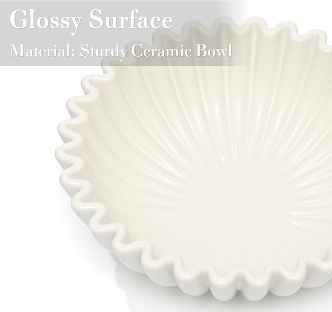 Large Decorative Bowl, White Ceramic Fruit Bowl for Kitchen Counter, Key Bowls for Entryway Table, Modern Coffee Table Home Decor, Scalloped Handmade Artwork