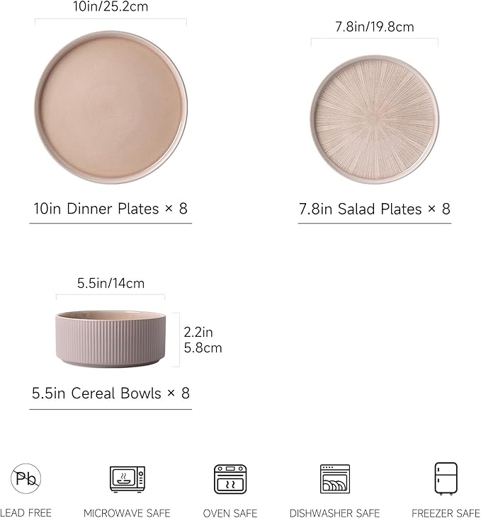 Dinnerware Sets for 8, Ceramic Plates and Bowls Set 24 Piece Dinnerware Chip Resistant Stoneware, Dishwasher and Microwave Safe-Brown