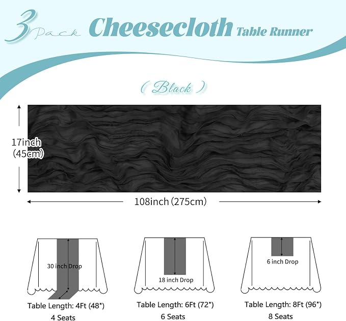 3 Pack Black Cheesecloth Table Runner, 17 x 108 inch, Semi Sheer Boho Cheese - Image 3