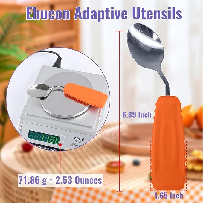 Adaptive Utensils Angled Spoon and Fork for Hand Tremors Parkinsons,Weighted Utensils with Non-Slip Easy Grip Handles for Independent Eating (1pcs Spoon+1pcs Fork=2 pcs,Orange,Right Hand)