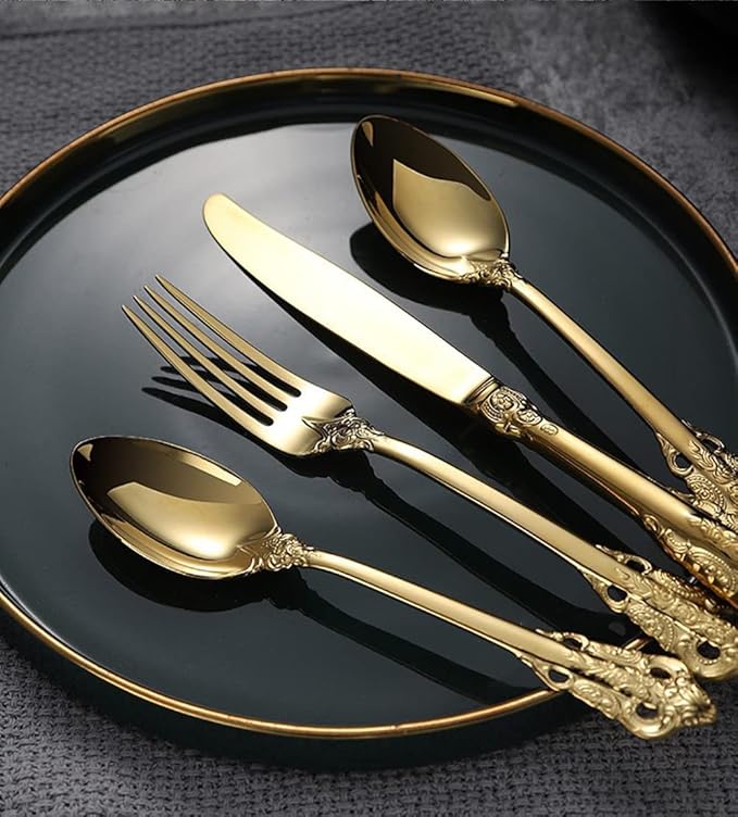 Gold Silverware Set for 8 Durable 18/10 Stainless Steel Flatware Set Palace Style Modern Cutlery Utensils Set 32 Piece Include Knives Forks and Spoons Tableware Set for Home Kitchen Restaurant