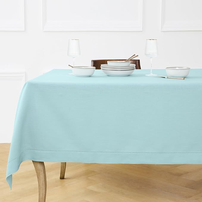 Solino Home Linen Tablecloth for Rectangle Tables 60 x 156 Inch - Classic Hemstitch 100% Pure Linen Aqua Blue Table Cloth - Machine Washable Cloth Tablecloth for Spring, Easter