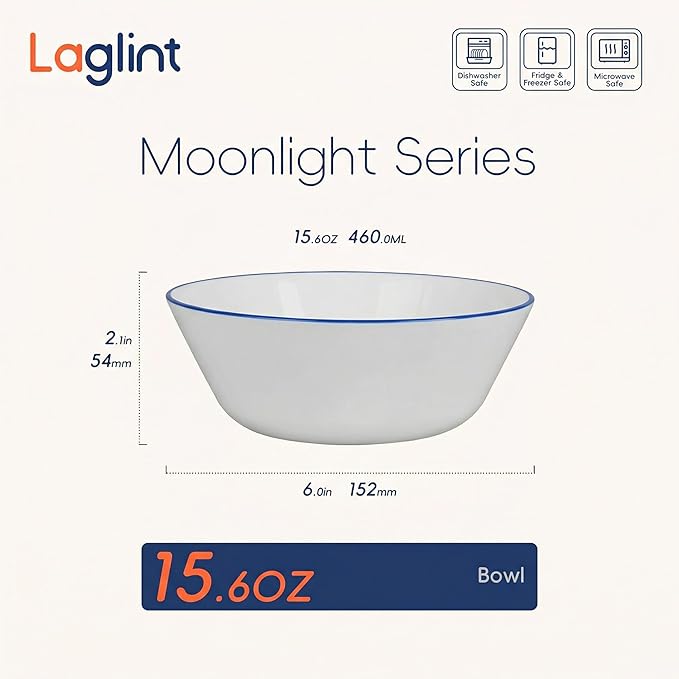16OZ Opal Glass Cereal and Soup Bowl Set of 4, 6 inch Dishwasher & Microwave Safe Round Bowls for Salad and Rice, Hand Painted Navy Blue Rim