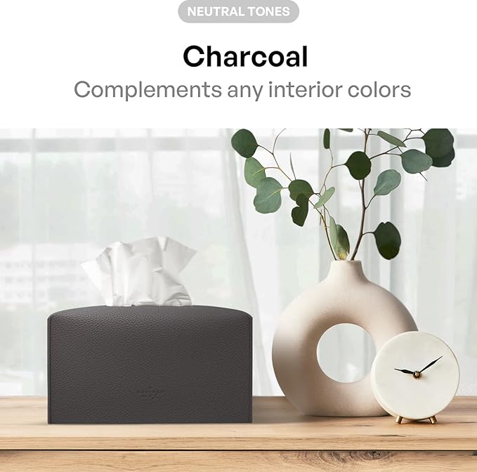 Carrotez Tissue Box Cover, [Refined] Modern PU Leather Rectangular Tissue Box Holder - Decorative Holder/Organizer for Bathroom Vanity Countertop, Night Stands, Office Desk 9.5"X5"X5" - Charcoal