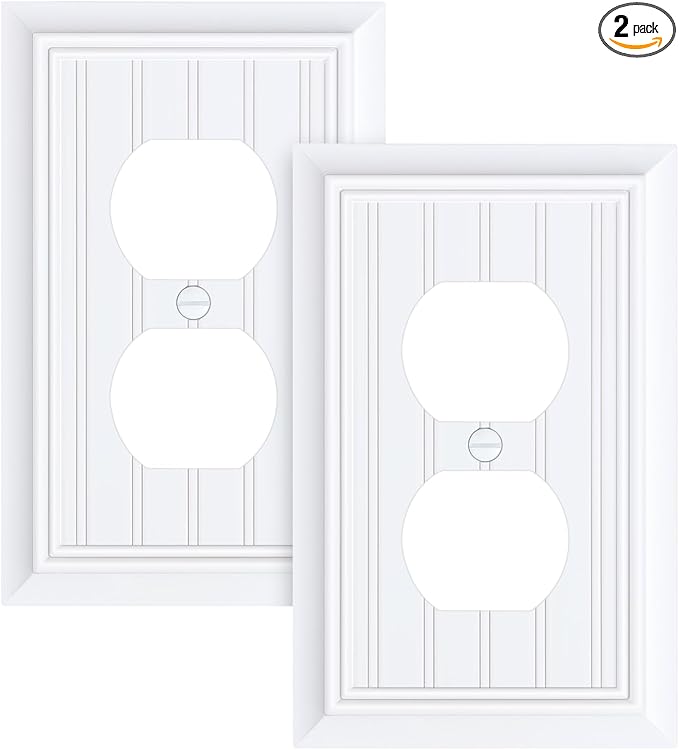 2-Pack Classic Beadboard Duplex Outlet Cover Plate, Decorative Pure White Switch Plates and Outlet Covers, Natural Bamboo Fiber Wall Plates for Electrical Outlets, 1 Gang Receptacle Cover