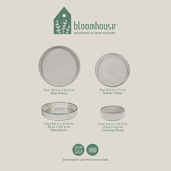 Bloomhouse - Two Time Oprah's Favorite Things Winner - Santorini Mist Double Bowl Terracotta Reactive Glaze Plates and Bowls Dinnerware Set - Moonstone White, Service for Four (16pcs)