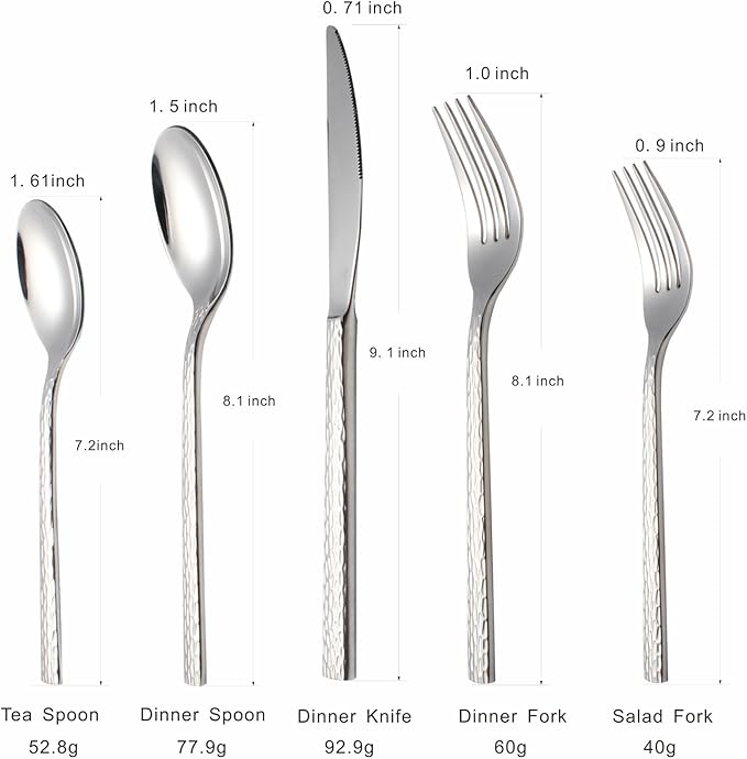 Hammered Silverware Set for 4, 20-Piece Stainless Steel Flatware Cutlery Set, Includes Dinner Knives,Dinner Forks, Tea Spoons, Dinner Spoons, Salad forks, Mirror Polished - Dishwasher Safe