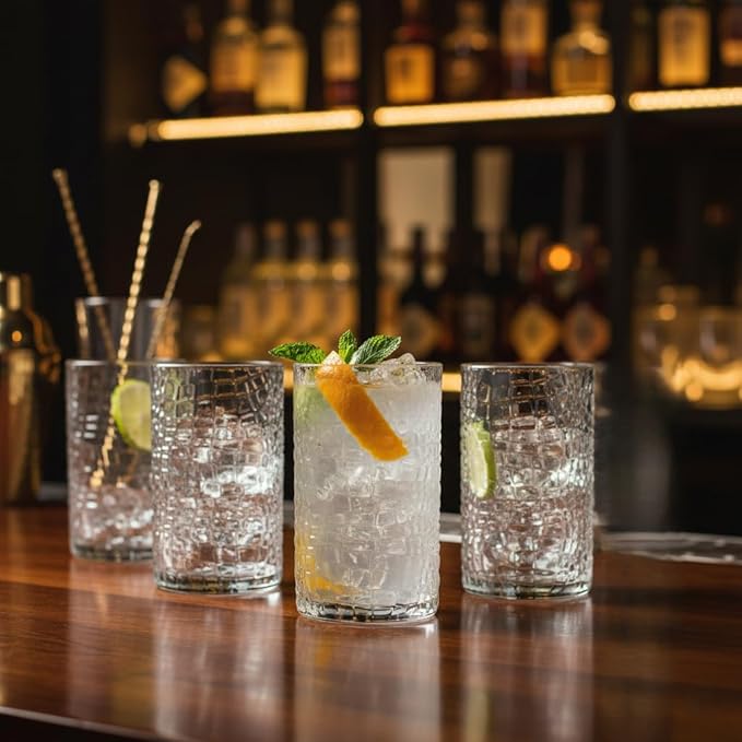 Glaver's Highball Drinking Glasses, Set of 4 Clear 15 Ounce Patent Crackle Design Textured Drinking Glasses Heavy Duty premium Glassware for Everyday Home, Bar use
