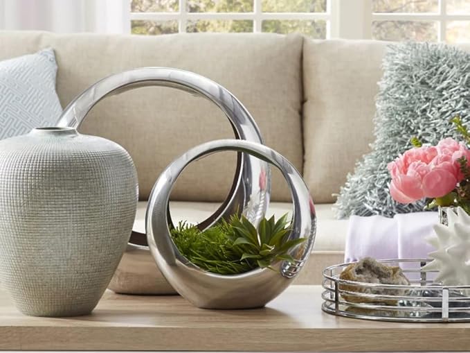 Modern Day Accents 3502 Small Anillo 2-Tone Decorative, Aluminum, Tabletop, Accents, House Decor, Bowl, Modern, Engagement Wedding Trays, Ring Display Stand, Key Holder 11"L x 7"W x 11"H, Brown Silver