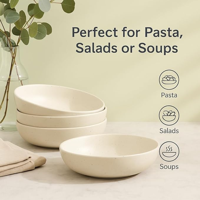 Ceramic Pasta Bowls Set of 4 – 40oz Extra Large Dinner Bowls, Deep Plates Salad Bowl for Eating, Pasta Plates, Stoneware Shallow Bowl Plate Set, Dishwasher & Microwave Safe - Beige