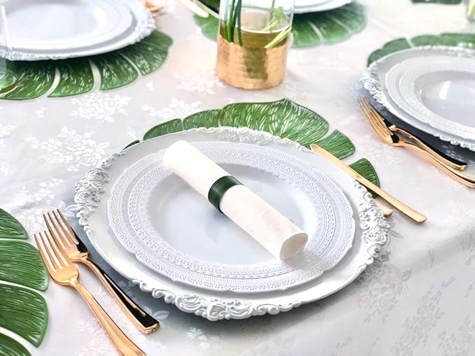 " OCCASIONS " 80 Plates Pack,(40 Guests) Extra Heavyweight Vintage Wedding Disposable/Reusable Plastic Plates 40 x 11'' Dinner + 40 x 8.25'' Salad/Dessert Plate (Chateau White)