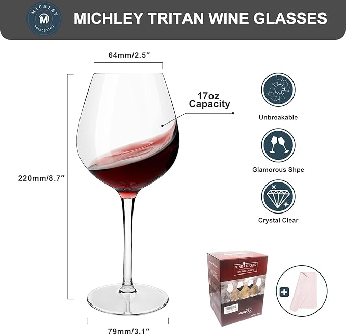 MICHLEY Unbreakable Red Wine Glasses 17 oz, Tritan Plastic Reusable Stemware for Indoor and Outdoor Use, Set of 4