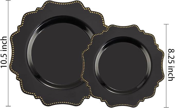 COLOSUS Black Plastic Plates Set,Heavy Duty Black Disposable Plates for 50 guests,Include 50PCS 10.5inch Dinner Plate and 50PCS 8.25 inch Dessert Plate for Halloween Party/Wedding/New Year/Birthday