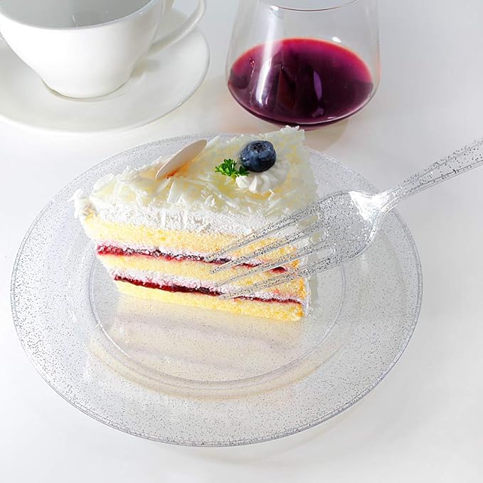 I00000 144Pcs Silver Glitter Dessert Plates Set, Includes 72Pcs Plastic Dessert Plates 7.5",72Pcs Silver Forks 7.4", Plastic Salad Plates for Birthday, Wedding & Party
