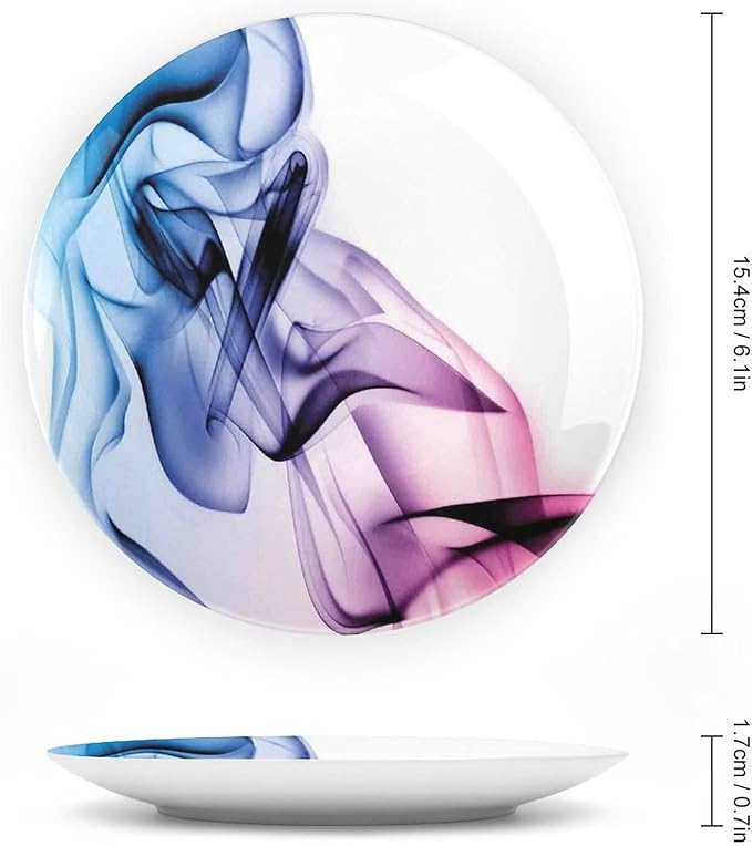 Ceramic Display Plate, Abstract Decor Ceramic Hanging Decorative Plate, Colorful Smoke Dynamic Flow Swirl Contemporary, 10 Inch, Living Room Kitchen Decoration Household, Fuchsia Blue