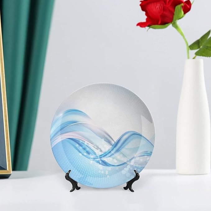Decorative Plates, Abstract Print Ornament, Modern Wavy Ocean Surfer Summertime Themed, 7 Inch, 1 Plate with 1 Display Stand, Pale Blue and White