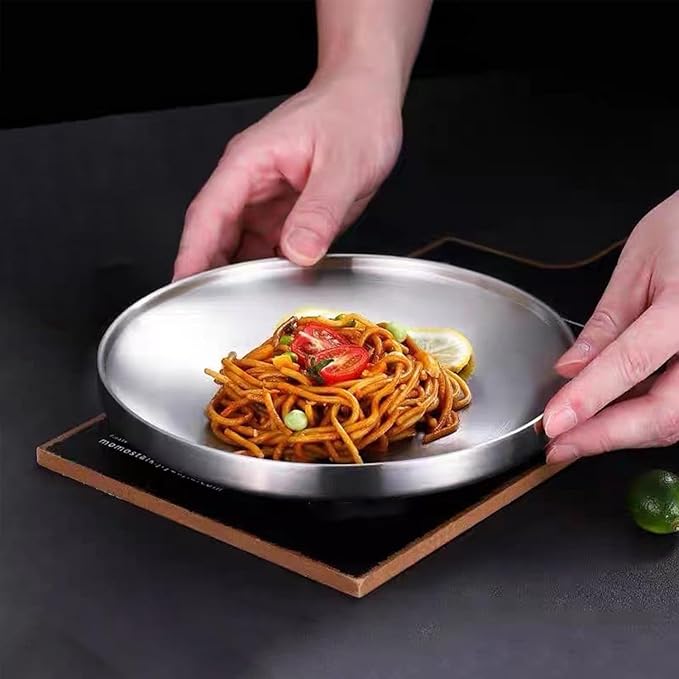 Stainless Steel Plates 6 Pcs Metal Double Layered Dinner Plates Unbreakable Dinner Dishes Set for Kitchen Home Camping Outdoor Party BBQ (7.5 inch)