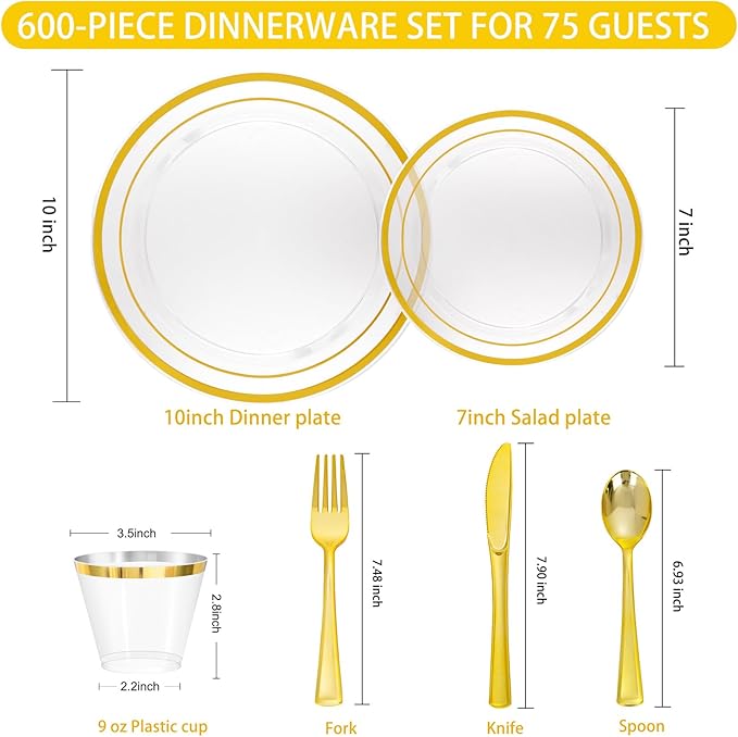 WELLIFE 600 PCS Clear Gold Disposable Dinnerware Set for 100 Guests — Elegant Gold rimmed Plastic Plates, Cups & Cutlery for Weddings, Receptions & Holiday Events, BPA-Free, Clear and Gold