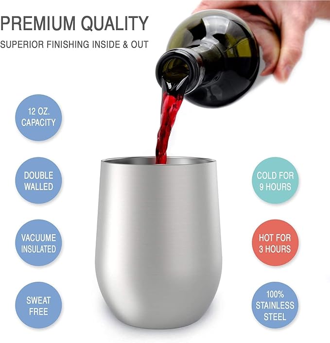 CHILLOUT LIFE 12 oz Stainless Steel Wine Tumblers 2 Pack & 1 Insulated Wine Bottle - Double Wall Vacuum Insulated Wine Glasses Cups with Lids and Straws Set Keeping Cold & Hot Gift Set