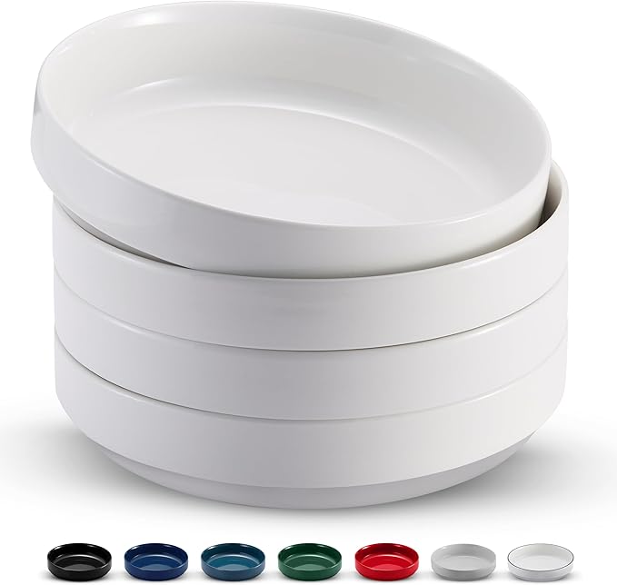 KooK Pasta Bowl, Bowl Plate, Low Bowl, Plate Bowls, Ceramic Large Shallow Bowls, Microwave and Dishwasher Safe, Great for Soups and Salads, Glossy Porcelain, 47 oz, Set of 4, White