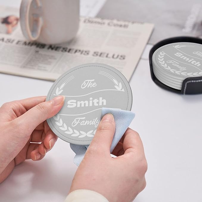 Personalized Coasters Set of 6, Photo PU Leather Coasters, Custom Grey Coaster with Last Name, Leather Gifts for 3rd for Him, Family Coaster 6 Packs, Gift for Thanksgiving