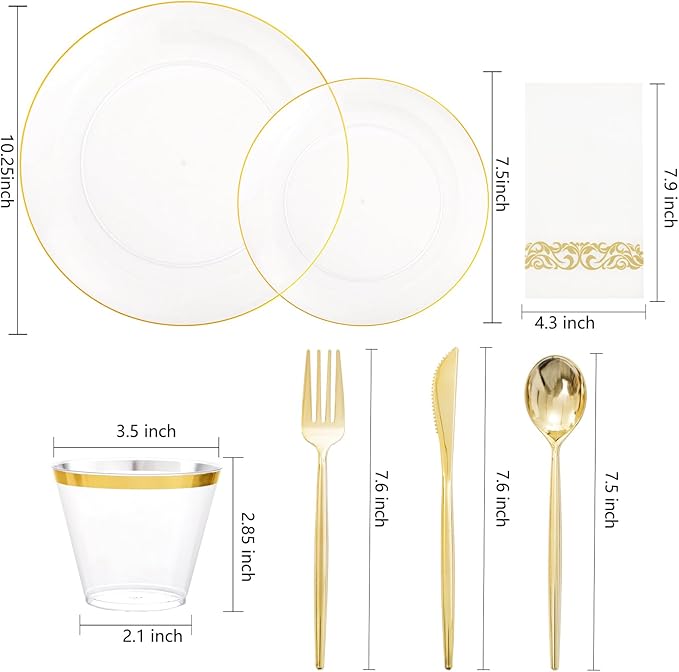 MirthMood 350Pcs Clear and Gold plates,Christmas plates, Plastic Plates for Party Include 50 Dinner,50Dessert Plate,50 Cup&50 Napkins, 150 Gold Silverware for Wedding & Party & Christmas