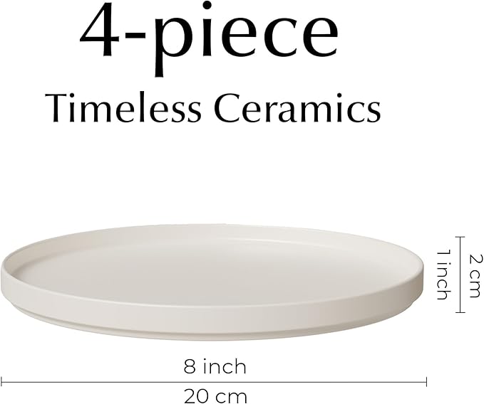 MIAMIO – Ceramic Dinner Plates Set for 4 People/Ceramic Dinnerware 4-Piece, Modern Stoneware, Dishwasher & Microwave Safe – Luxe Collection (White, 8 Inch)