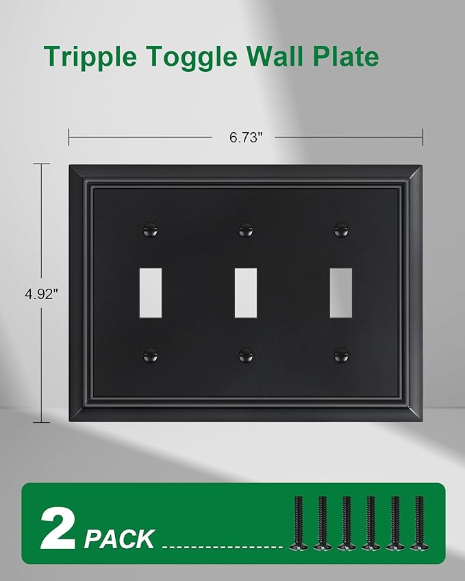 2-Pack Triple Toggle Light Switch Cover Plate, Durable Natural Bamboo Fiber Decorative Switch Plate Covers, Matte Black 3 Gang Wall Plate, Corrosion Resistant