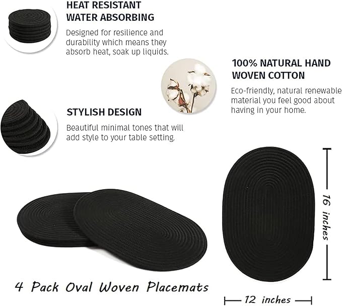 Braided Placemats Set of 6, Cotton Fabric Oval Table Mats Non Slip Washable 16 * 12 inch Oval Place Mats, 6 Pack Black Cotton Rope Woven Placemats