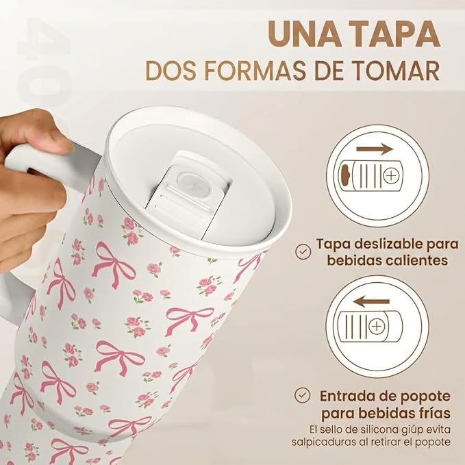 Bow Tumbler with Handle 40oz, Stainless Steel Insulated Tumblers Coffee Travel - Image 3
