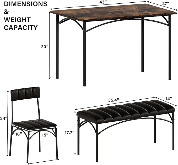 4 EVER WINNER Dining Table Set for 4, Kitchen Table with Upholstered Bench and 2 Chairs, Dining Room Table Set for Small Space, Apartment, Kitchen, Rustic Brown